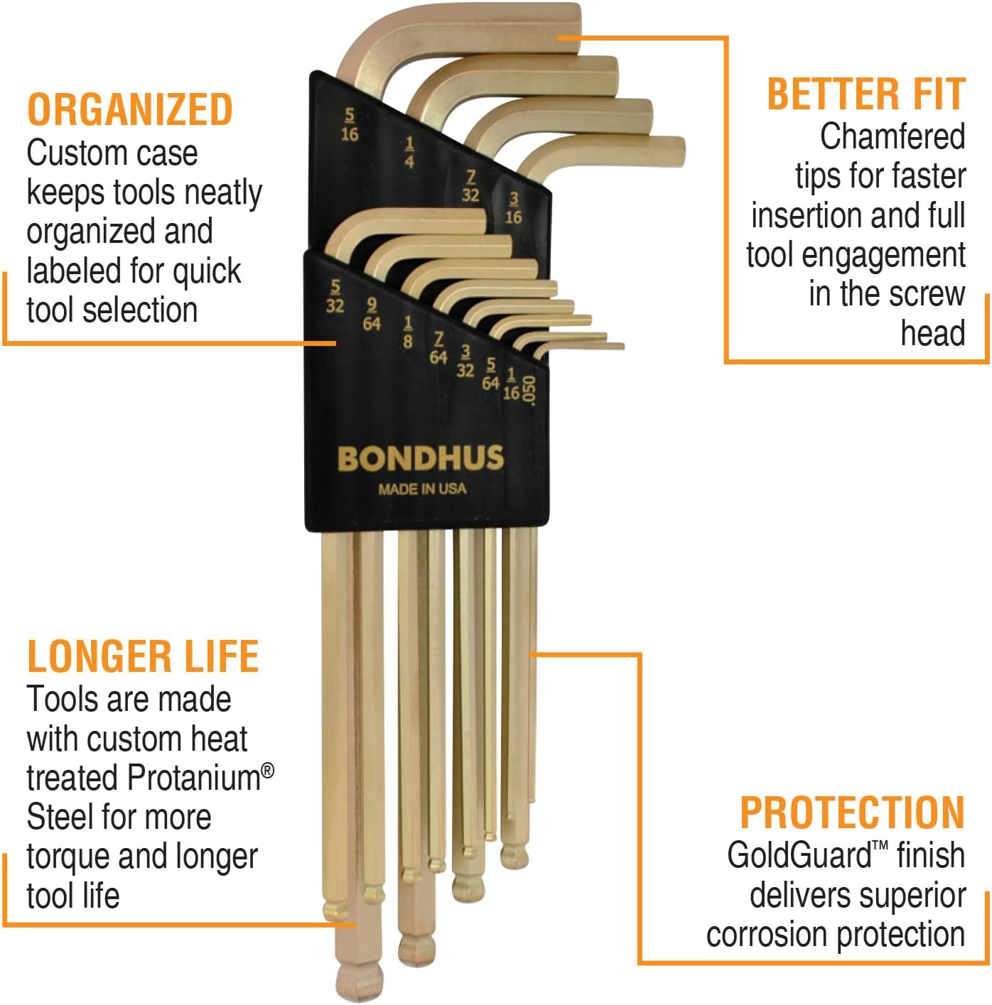 Bondhus 37936 Set of 12 Balldriver L-wrenches with GoldGuard Finish, Long Length, sizes .050-5/16-Inch
