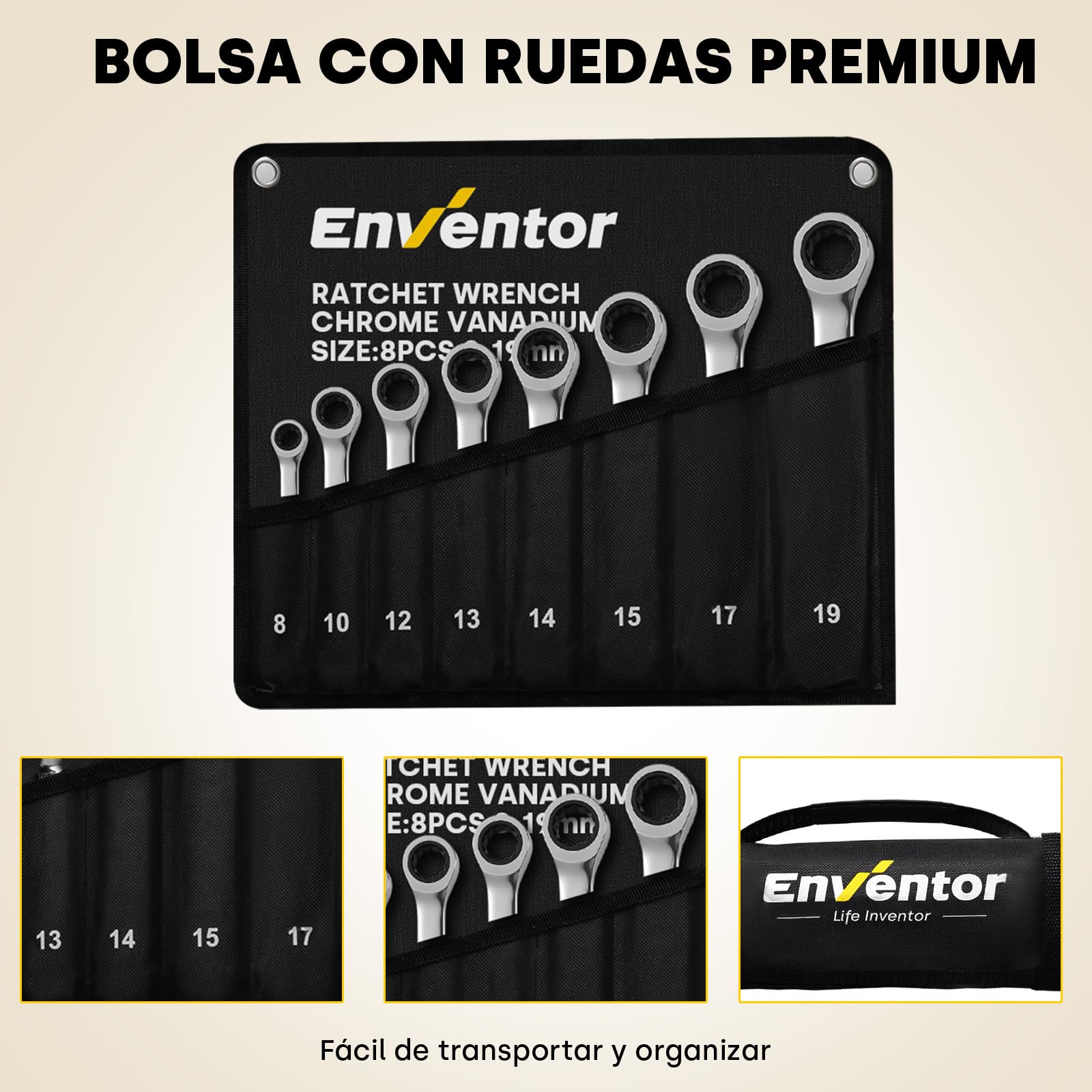 Enventor Llaves Fijas con Carraca de 8 Piezas, Juego de Llaves Combinadas con Carraca Métrico 8mm a 19mm, Acero Cromo Vanadio, 72 Dientes, Cabezal Fijo, Arco de Giro de 5°, Bolsa