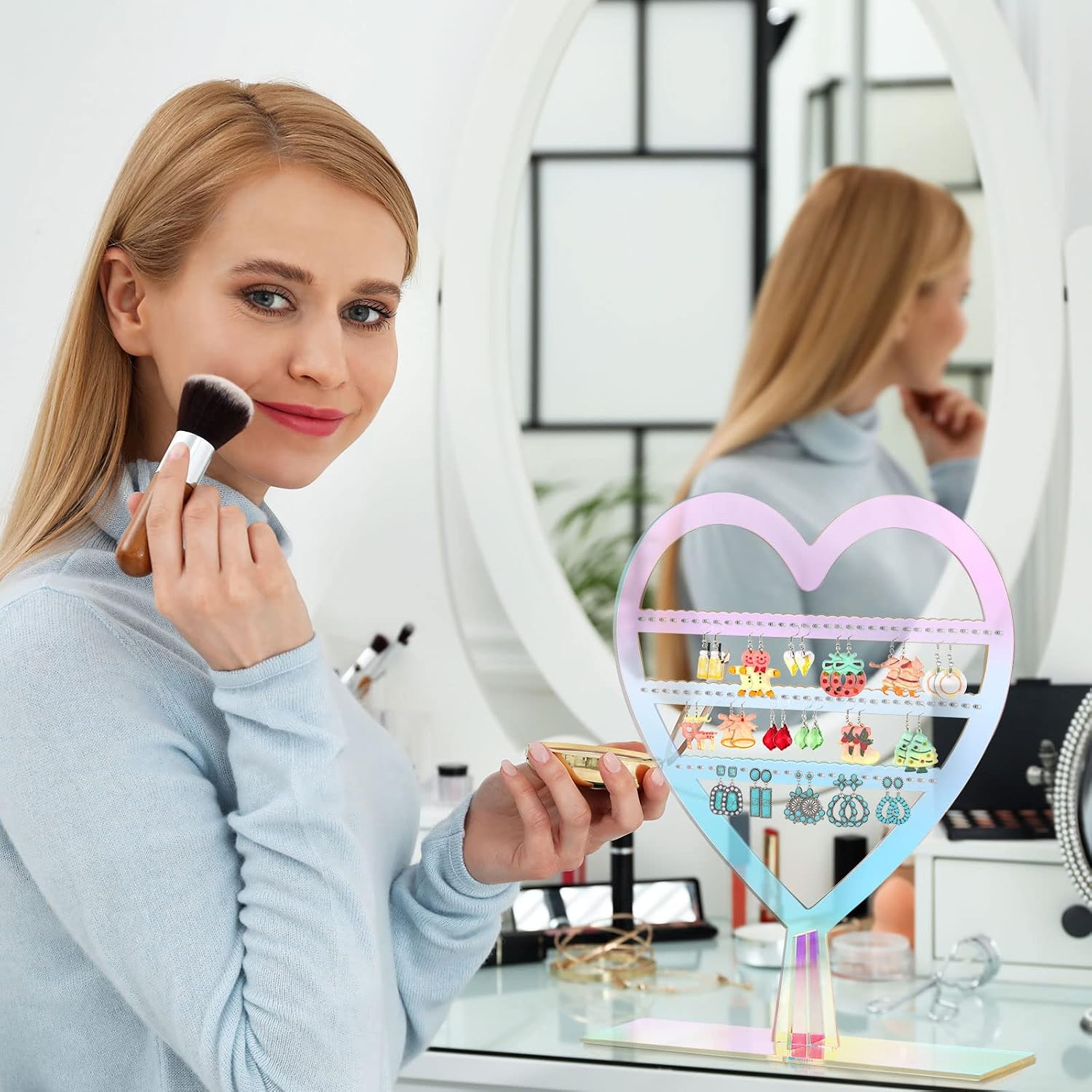 Qunclay 1 Pcs Earring Holder Heart Shaped 3 Tier Acrylic Stand,Rainbow