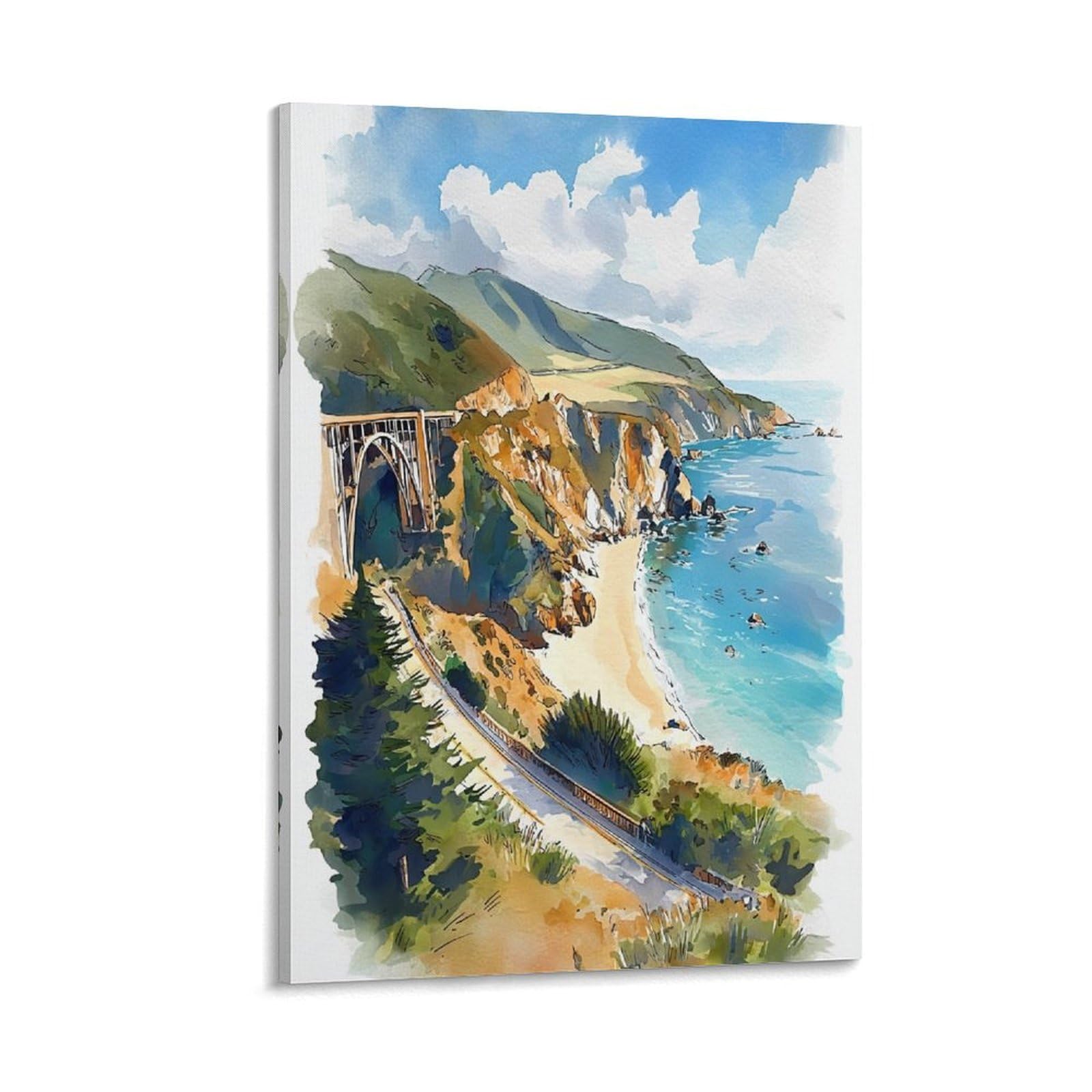 XWYMXZ Big Sur Watercolor Painting California Coast Travel Poster 20x30inch(50x75cm) Vintage Watercolor Canvas Art
