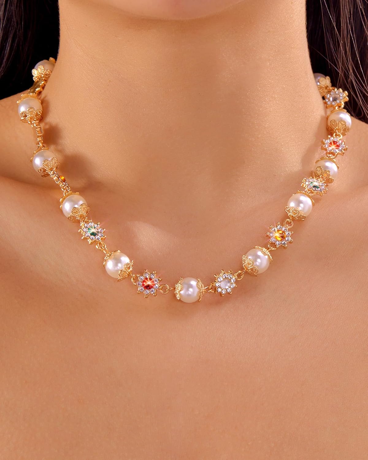 Colorful Gemstones Necklace for Women Sparkly Rhinestone Choker Multicolor Rainbow Necklace Wedding Party Prom Choker Jewelry Accessories for Her - Image 3