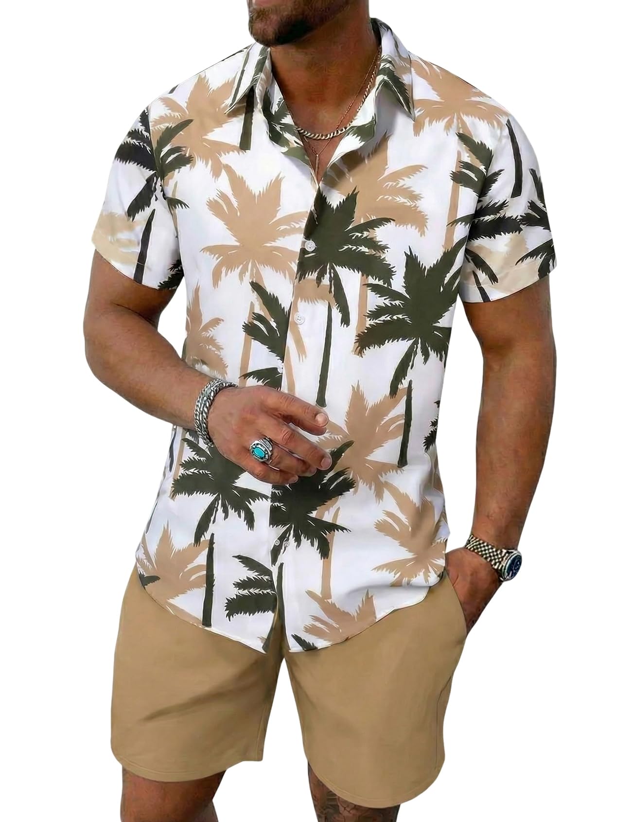 Yimoon Men's Summer 2 Piece Outfits Tropical Print Short Sleeve Button Down Hawaiian Beach Shirt and Shorts Set