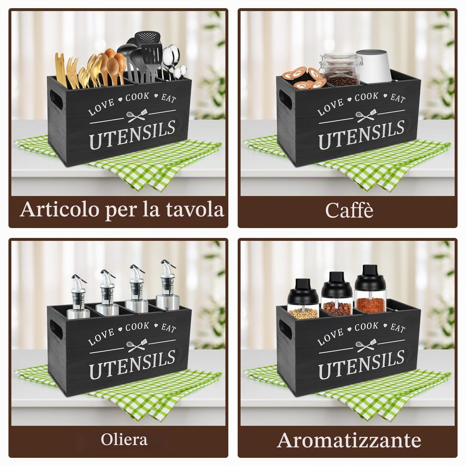 portautensili in legno rustico da cucina, organizer con 4 scomparti e fondo di drenaggio, organizer per posate, organizer per utensili da fattoria (nero)