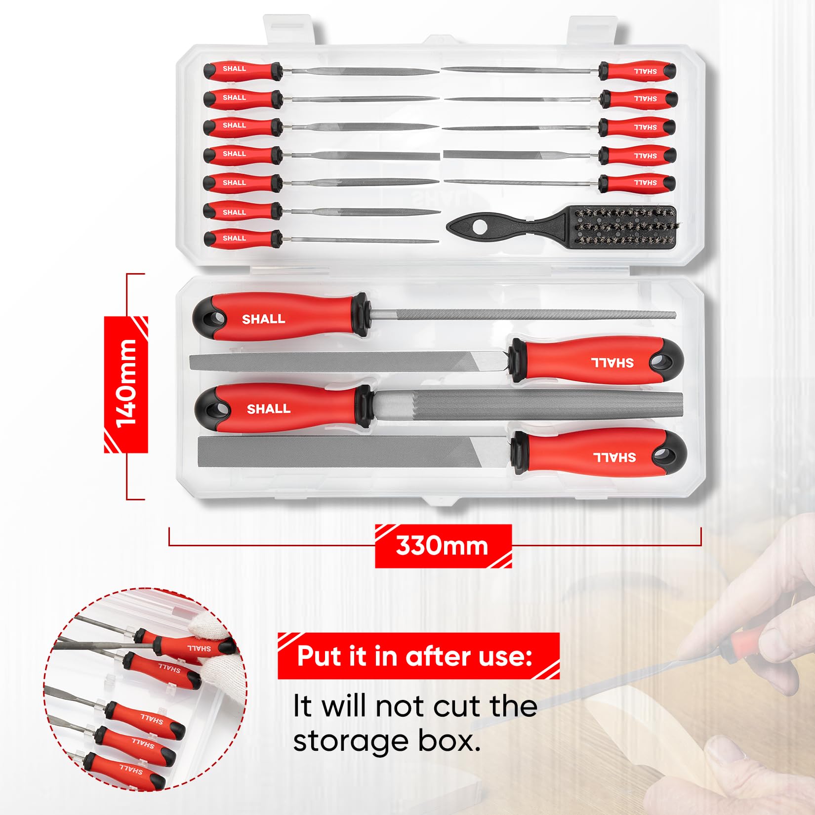 SHALL Coffret de 17 limes à métaux, pour métal, bois et plastique, 4 limes à main et 12 limes à aiguilles, brosse métallique, lime à râpes de haute qualité avec boîte de rangement