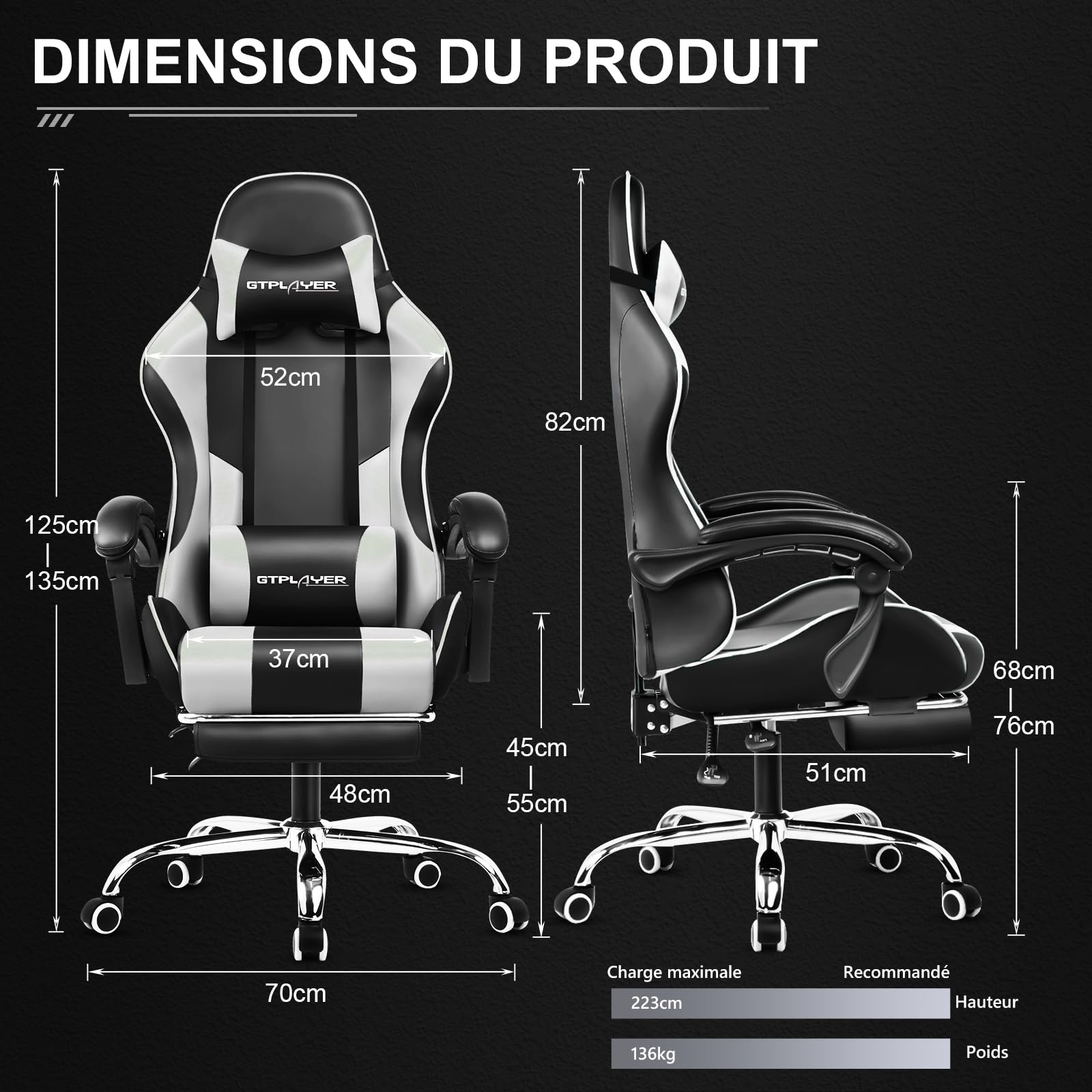 GTPLAYER Chaise Gaming, Fauteuil Gamer avec Massage Lombaire, Chaise de Gaming Repose-Pieds Rétractable, Dossier Inclinable à 135°, Siège Confortable en Cuir, Chaise Bureau, Charge 150 kg, Blanc