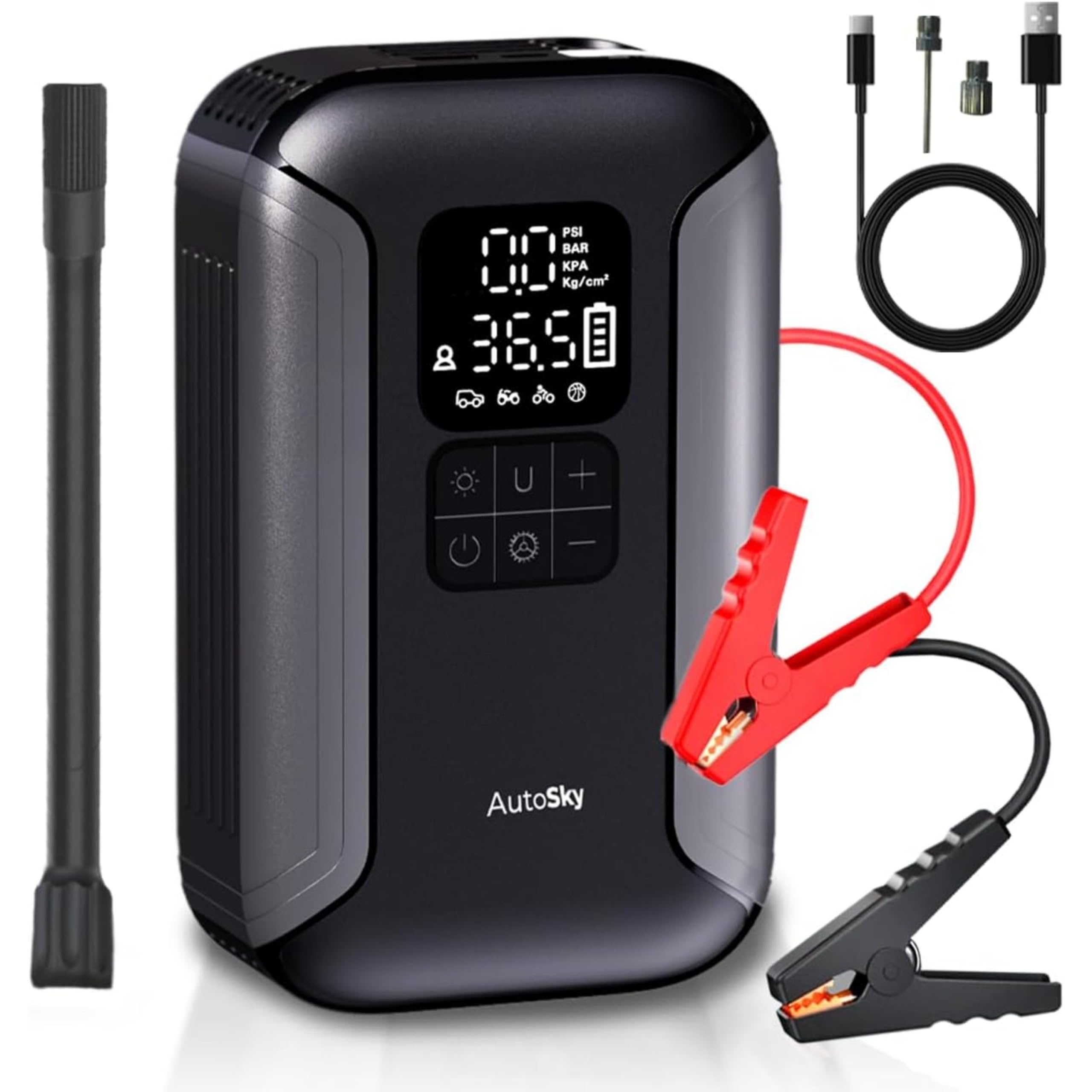 AutoSky Avviatore di emergenza portatile 2 in 1 con gonfiatore per pneumatici: il kit di emergenza perfetto da avere nel tuo veicolo.