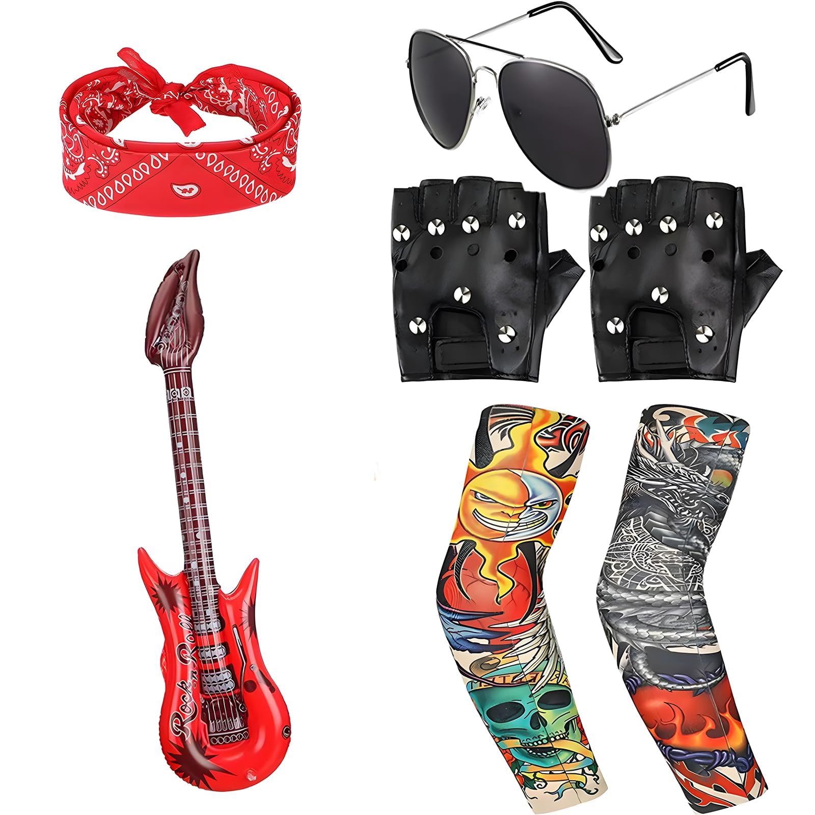 Rock Star Heavy Metal Set,Rock Star Fancy Dress Accessories Kit with Retro Sunglasses Gloves Inflatable Guitar Perfect for Kids Boys and Girls Create the Ultimate Rockstar Look