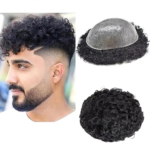 Miniatura 10 de Afro Toupee para hombres negros, unidades de cabello humano inyectadas de poliuretano de piel completa Afro Wave Hairpiece negro unidad de cabello