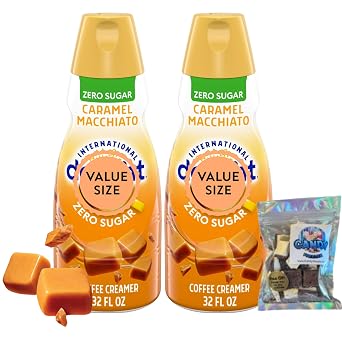 Zero Sugar Caramel Macchiato Liquid Coffee Creamer.- Two 2 32 fl oz Bottles of Sugar Free Creamy Smooth Delightful Coffee Creamer with Candy Freezer 1 oz Freeze Dried Ice Cream Bites Zero Sugar Caramel Macchiato Candy