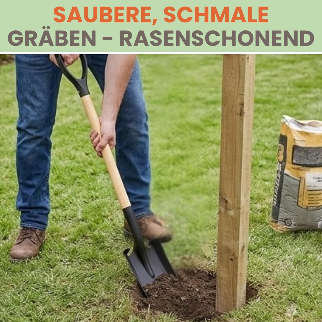 Grabenschaufel Schmal | Mit Holzstiel & D-Griff | Komfortable Gesamtlänge 130 cm | Drainagespaten Kabelspaten für präzise Gräben