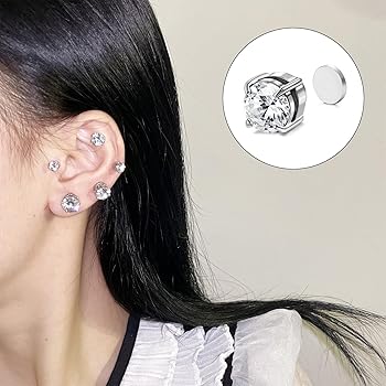 Orecchini Uomo Diamante Finto - Magnetici Click-on - Argento Con Zirconi - Foto 8