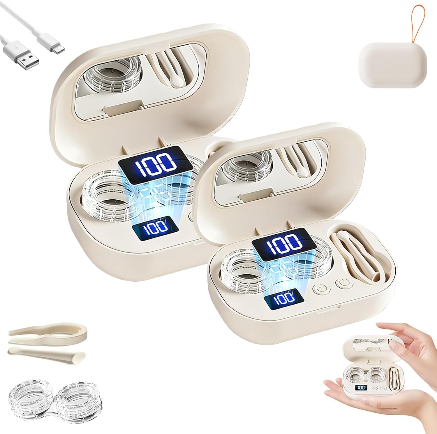Portable Rechargeable Ultrasonic Contact Lens Cleaner Case, Compact Deep Cleaning Device, Contact Lens Cleaner Machine with 3-Minute Cycle, Mirror & Tweezers for Travel, Office (2Pcs)