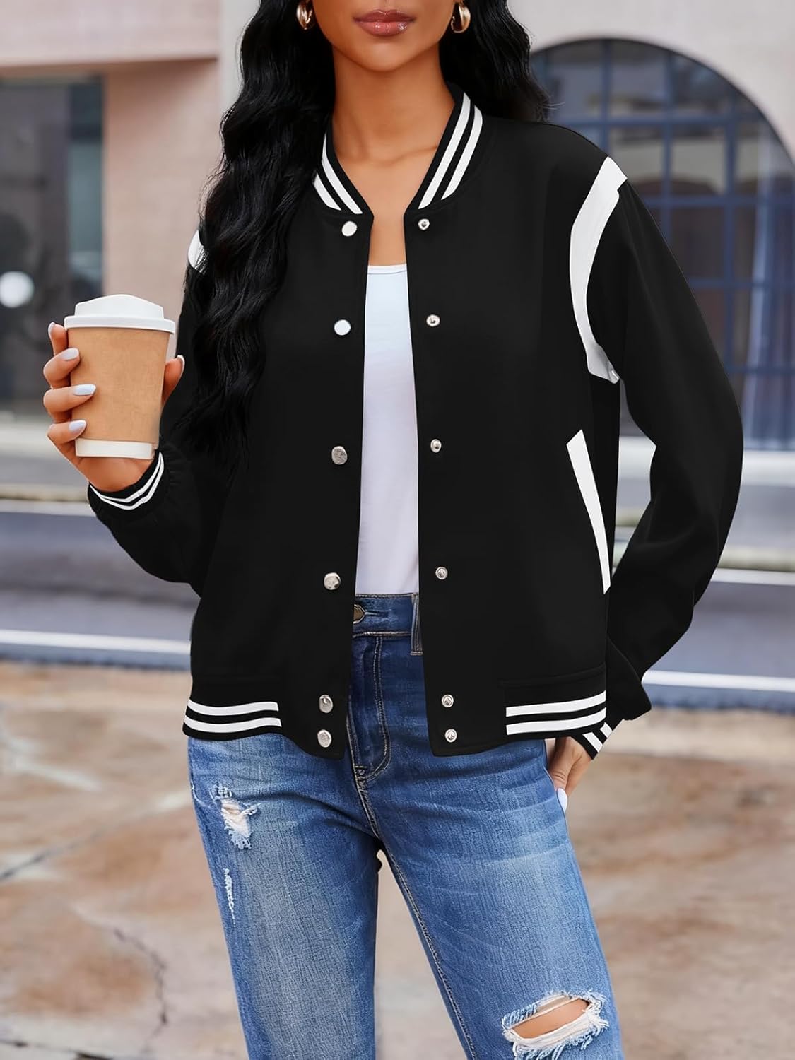 Bomber Jacket Women Varsity Casual Button Down Lightweight Fall Winter Short Outwear with Pockets - Image 2