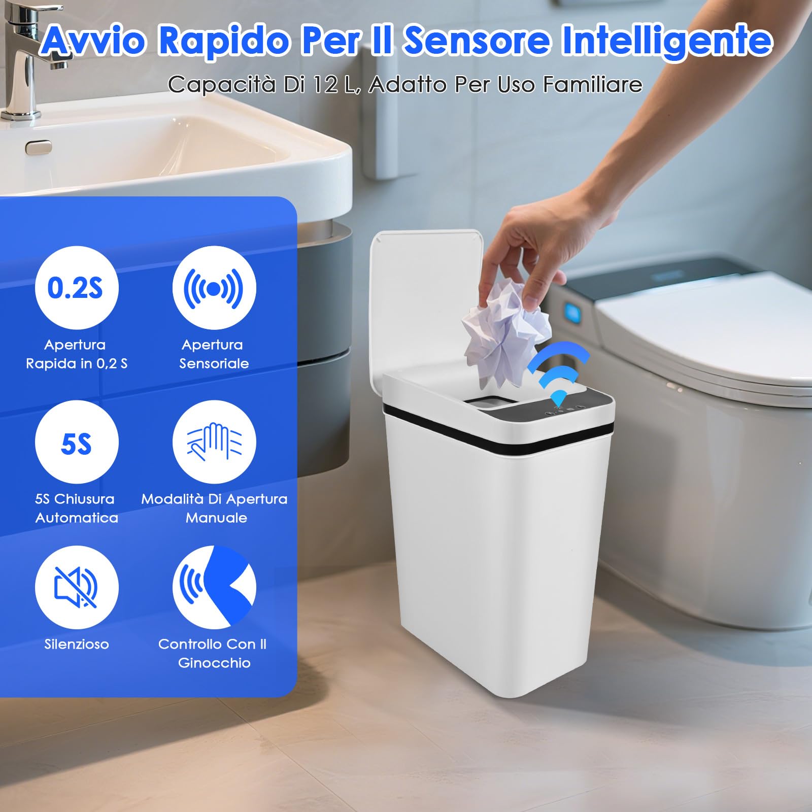 2 Cestino Bagno Pattumiera, Cestino Spazzatura Bagno Piccola da 12 litri, 3 Modalità di Funzionamento, Cestino Intelligente Silenzioso e Impermeabile, per Cucina, Ufficio, Soggiorno