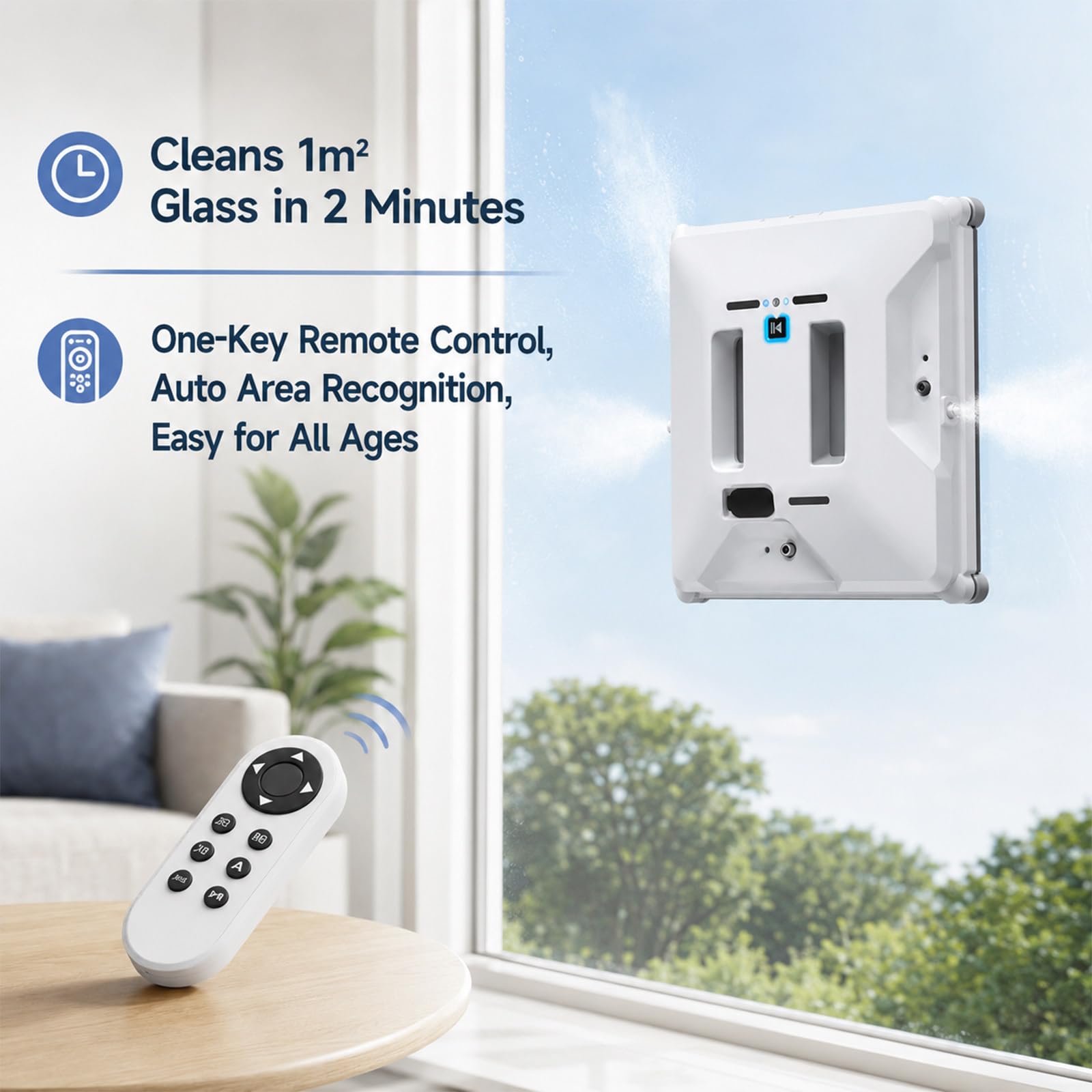 Robot Limpiacristales Inteligente, Limpiador Automático de Ventanas con Doble Pulverización Cruzada, Succión de 2800 Pa, Depósito de 60 ml, para Ventanas, Espejos y Mamparas de Ducha