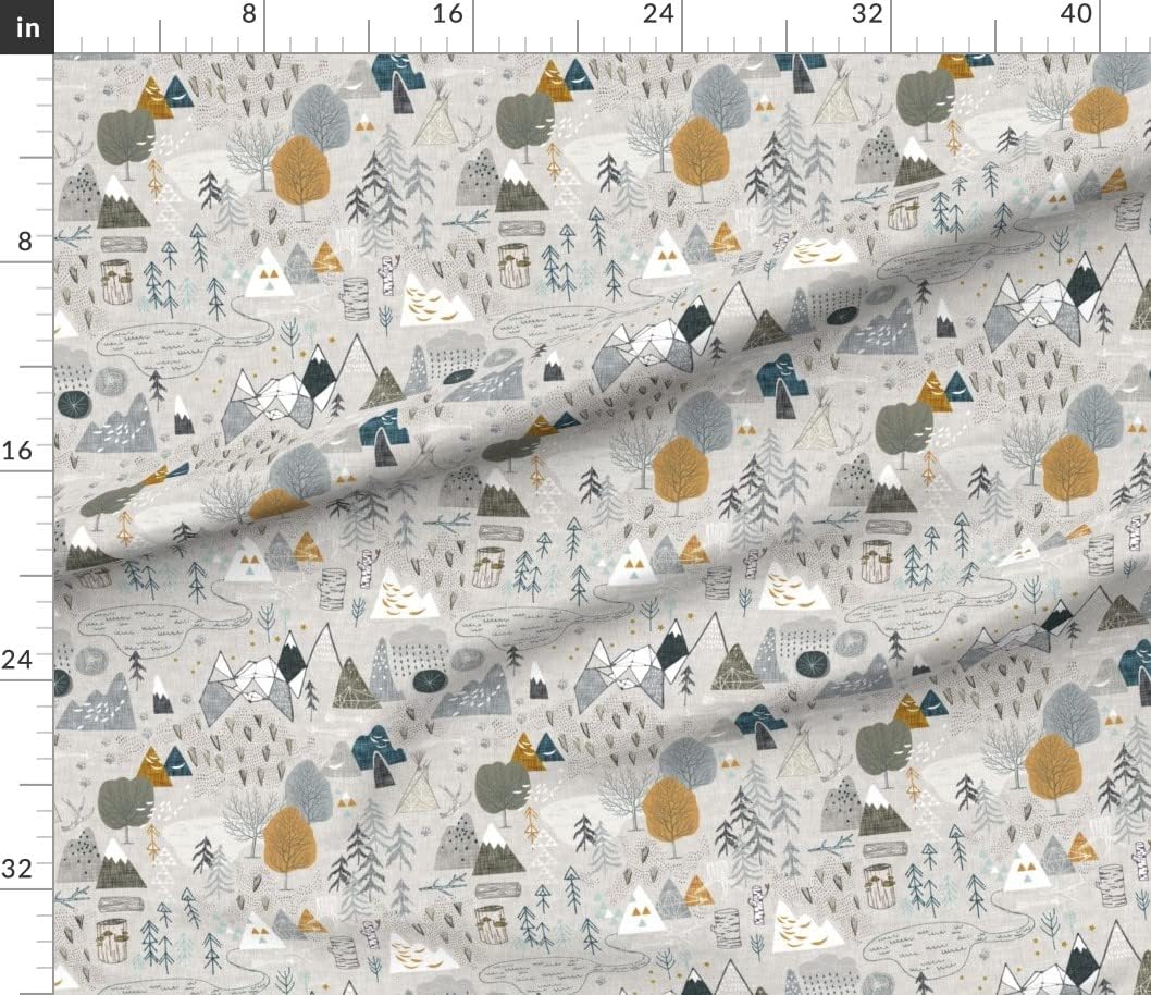 Spoonflower Fabric - Woodland Forest Woods Wilderness Adventure Explore Gray Mustard Blue Printed on Petal Signature Cotton Fabric by The Yard - Sewing Quilting Apparel Crafts Decor