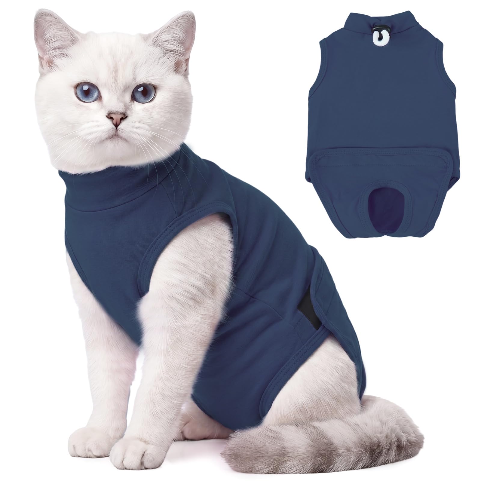 Hjyokuso Cat Recovery Suit for Surgery, Soft Stretchy Cat Onesie, Kitten Surgical Recovery Suit with Snap Opening, Breathable Cat Body Suit After Spay, Comfortable E Collar Alternative Blue M