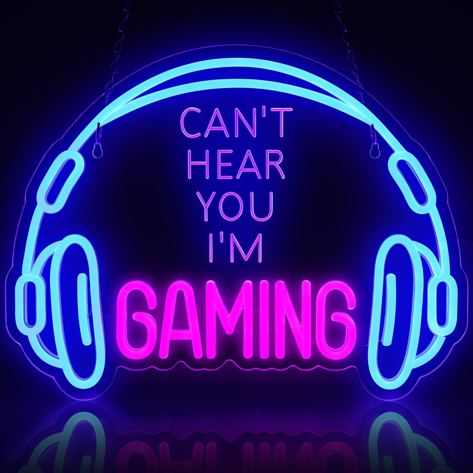 Gaming Neon Sign, Large Bright and Dimmable Colored LED Headset Gamer Neon Light and USB Powered Headphone Lightup Game Signs for Game Zone Video Room Boy Bedroom Wall Decor (Can't Hear You I'm