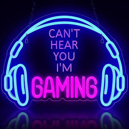 Gaming Neon Sign, Large Bright and Dimmable Colored LED Headset Gamer Neon Light and USB Powered Headphone Lightup Game Signs for Game Zone Video Room Boy Bedroom Wall Decor (Can't Hear You I'm Gaming)