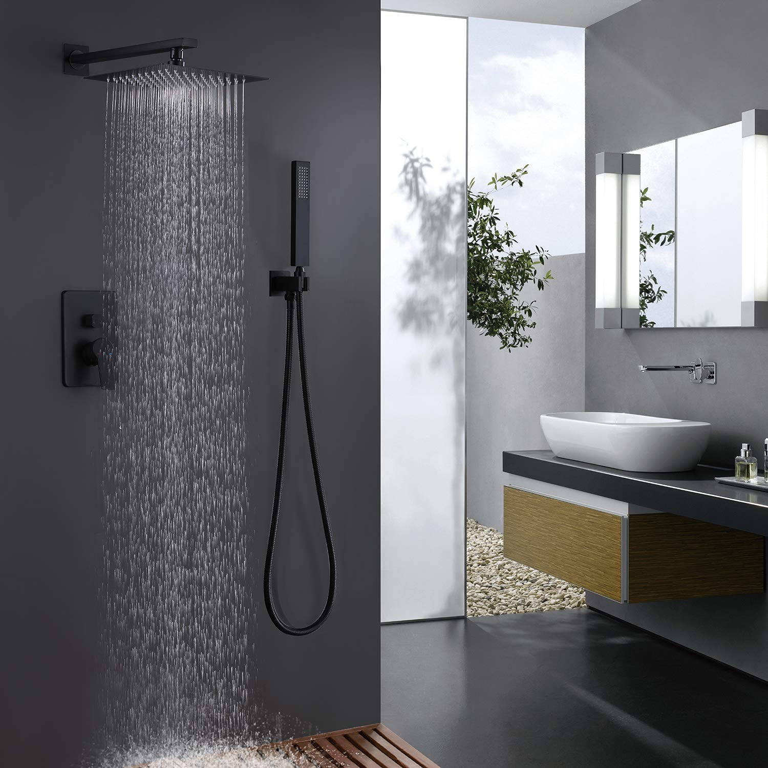 RBROHANT rain shower system in a modern bathroom, showing water flowing from the rain head and hand spray