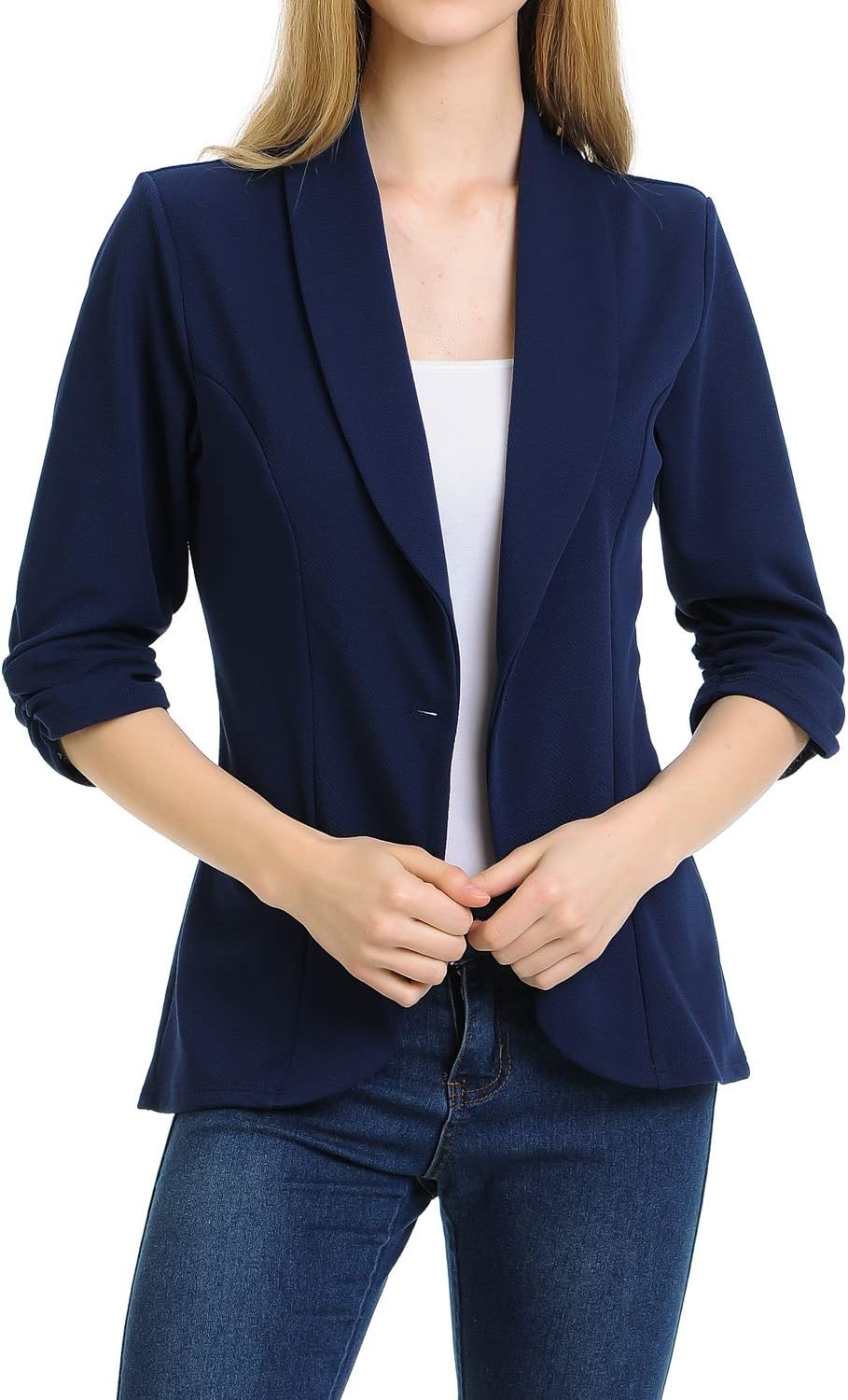 Women's 3/4 Ruched Sleeve Lightweight Work Office Blazer Jacket (S-3XL)