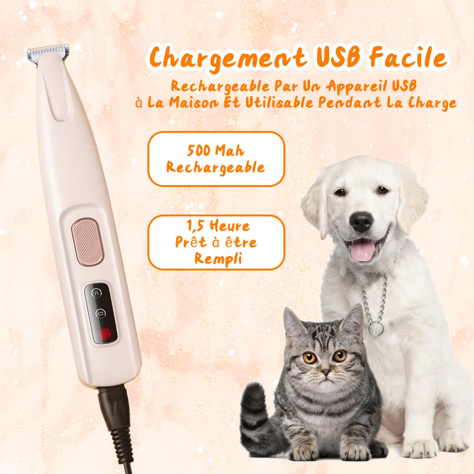 Tondeuse De Toilettage GrosMatou Douceur & Sécurité, Tondeuse Gros Matou Silencieuse, Tondeuse Pattes Chien Chat, Coupe Poils Animaux Avec Lumière LED, Rechargeable USB, étanche (1PCS)