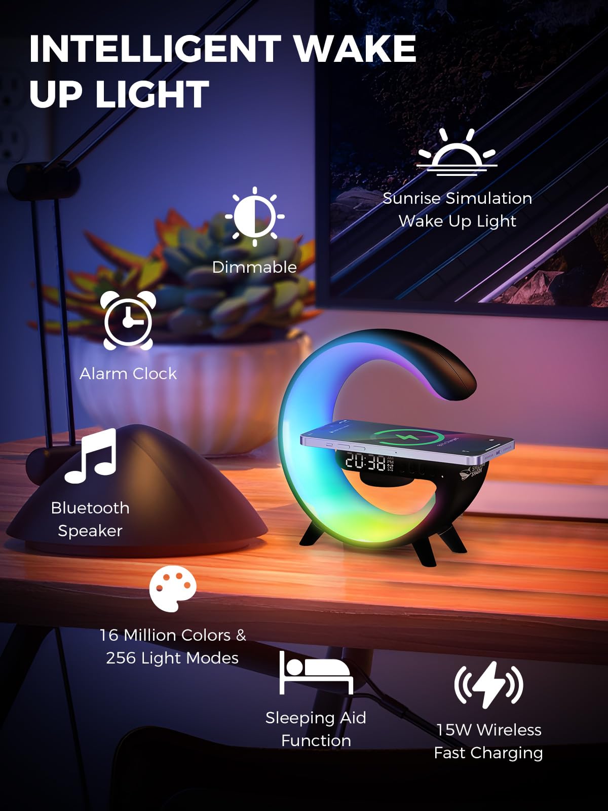 Smiling Shark Wake Up Light, Sveglia Luce LED Intelligente【Piccolo Negro】Con Altoparlante Bluetooth & Ricarica Senza Fili 16 Milioni di Colori Per Adulti & Bambini, Luce-Sveglia-da-Comodino