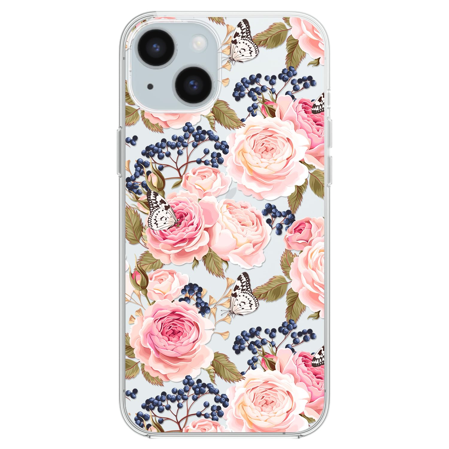 Blingy's for iPhone 15 Plus Case, Cute Floral Butterfly Style with Rose Pattern Flower Design Transparent Soft TPU Protective Clear Case 6.7 inch (