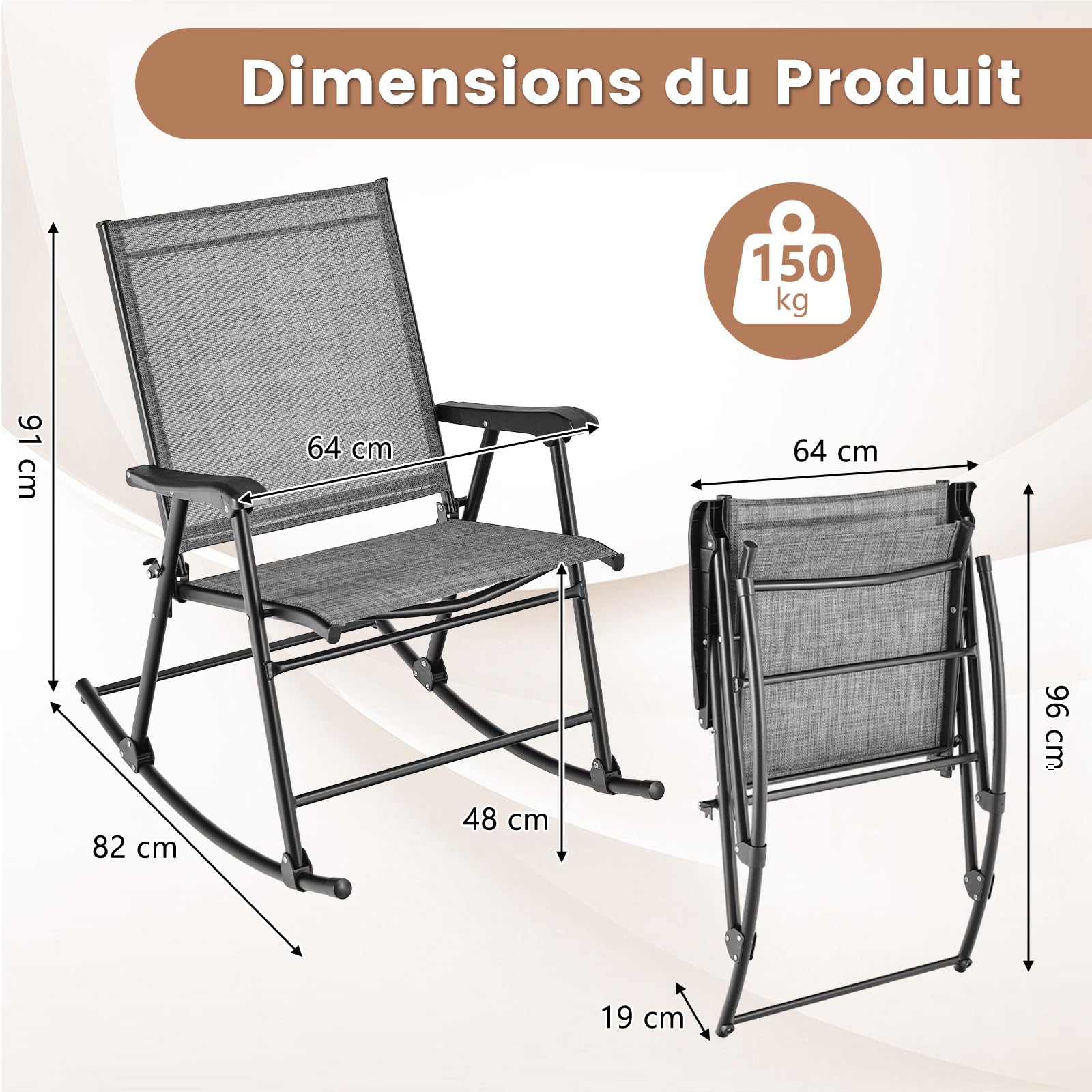 COSTWAY Lot de 2 Chaises de Jardin à Bascule Pliantes avec Siège en Tissu Respirant et Cadre en Métal, Chaises Berçantes d'Extérieur à Dossier Haut, pour Porche, Piscine, Charge 150KG(Gris)