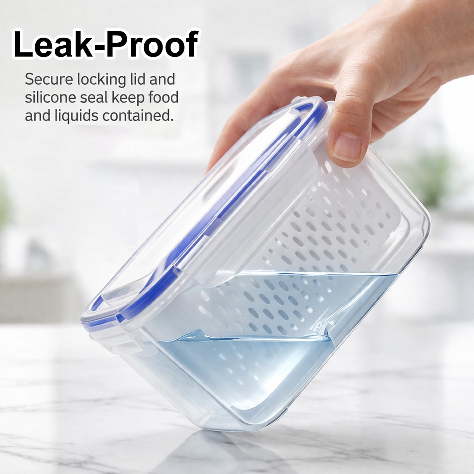 4 in 1 Food Storage Container, Household Transparent Plastic Food Storage Box-Including Drain Basket, Fruit Storages Containers for Fridge with Removable Colanders (Gray,Small+Medium+Large)