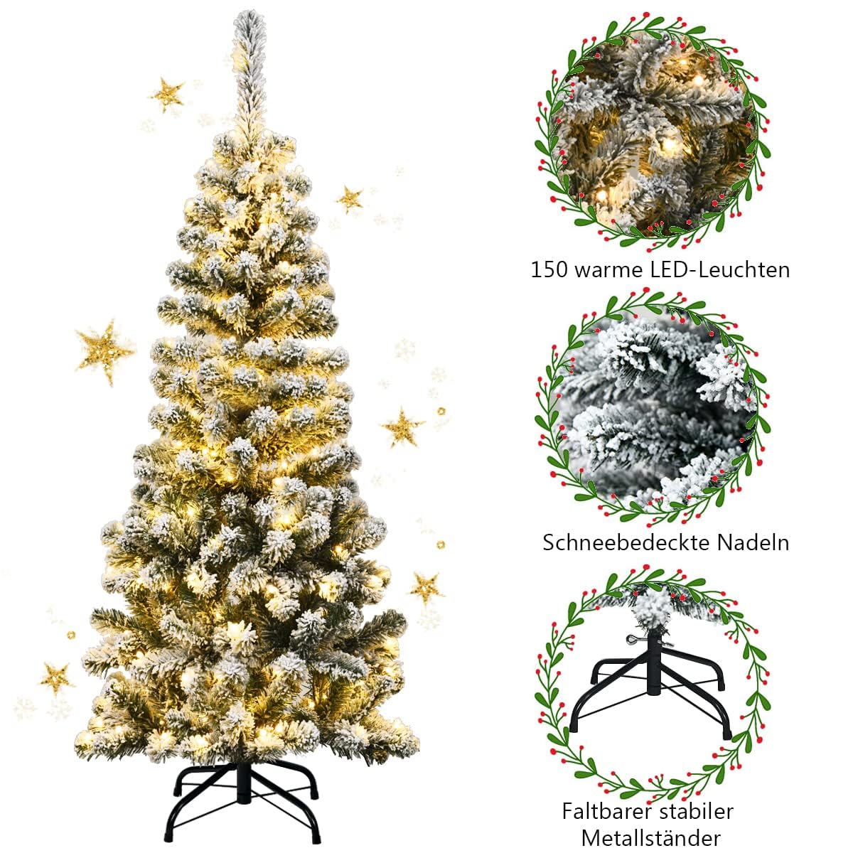 COSTWAY 135/180/225cm Bleistift Weihnachtsbaum mit Schnee und warmweißen LED-Leuchten, künstlicher Tannenbaum mit Metallständer, Christbaum PVC Nadeln, Kunstbaum Weihnachten Klappsystem Grün (135cm)