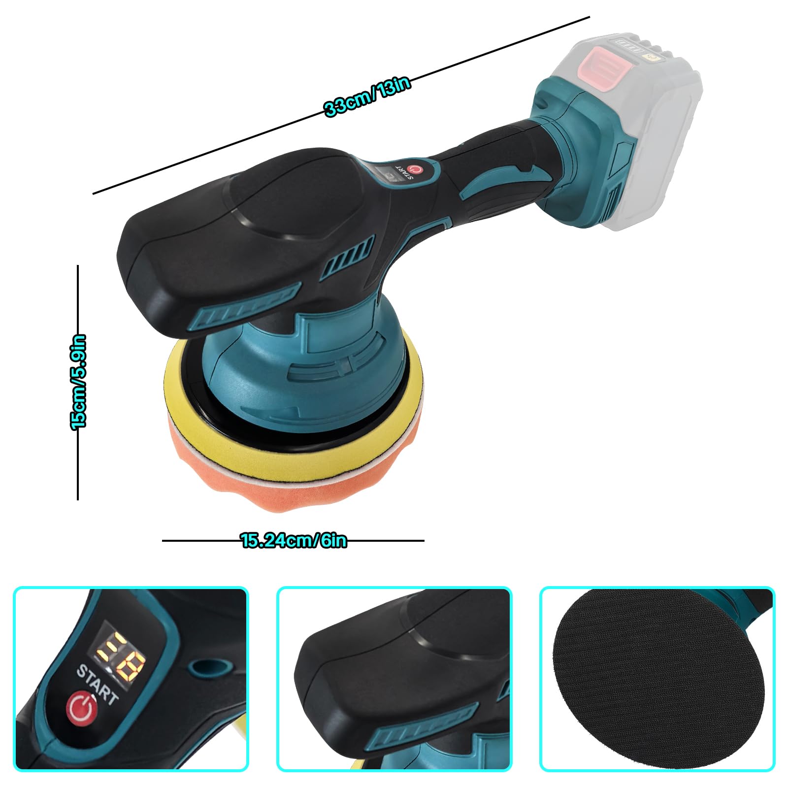 Pulidora Coche, Pulidora Inalambrica compatible con Makita 18 V, 8 Velocidad Variable, Pulidora Orbital para Detallar, Pulir, Encerar y Eliminar Arañazos del Coche(sin batería ni cargador)
