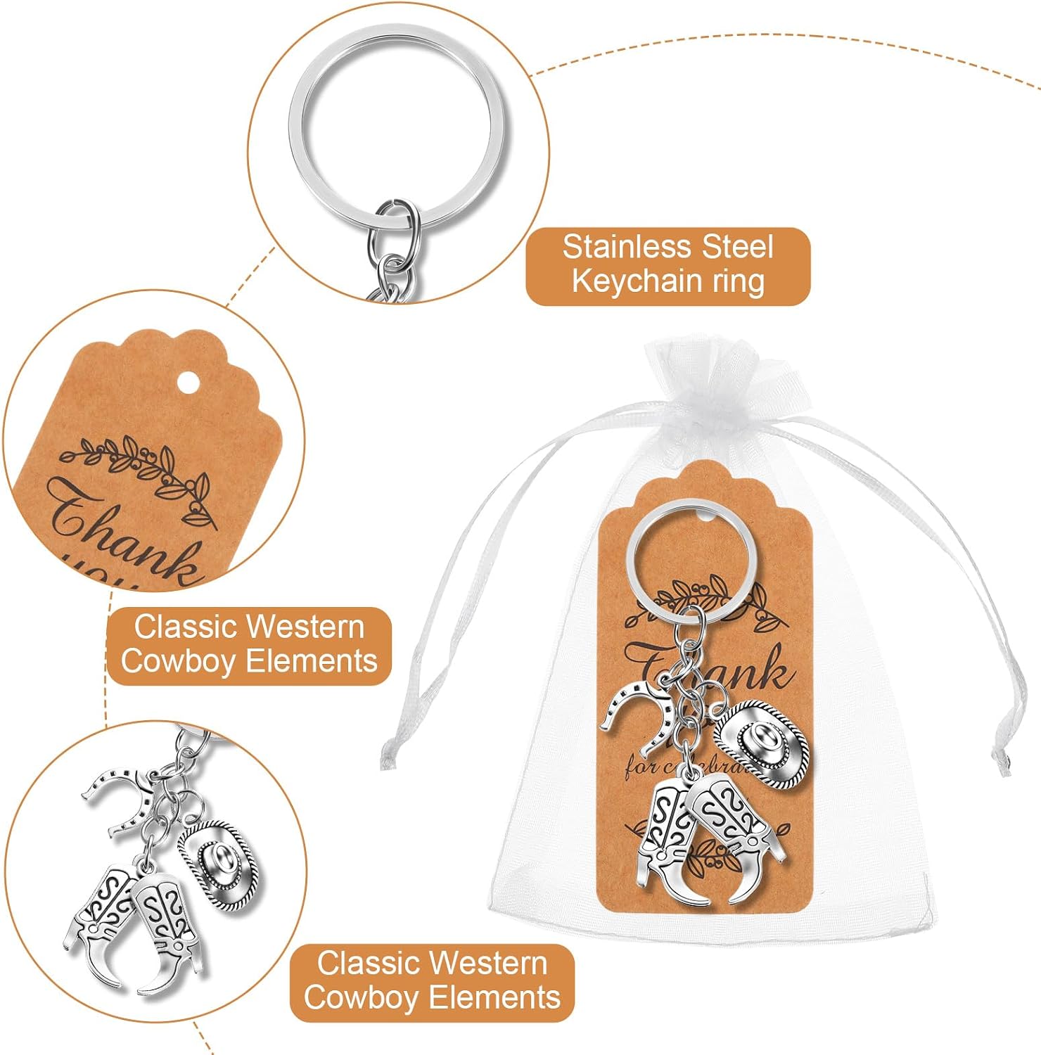 90Pcs Western Cowboy Keychain, Hat Boot Horseshoe Themed Keychain, Organza Bag, Thank You Card, Western Gifts for Both Cowboys and Cowgirls