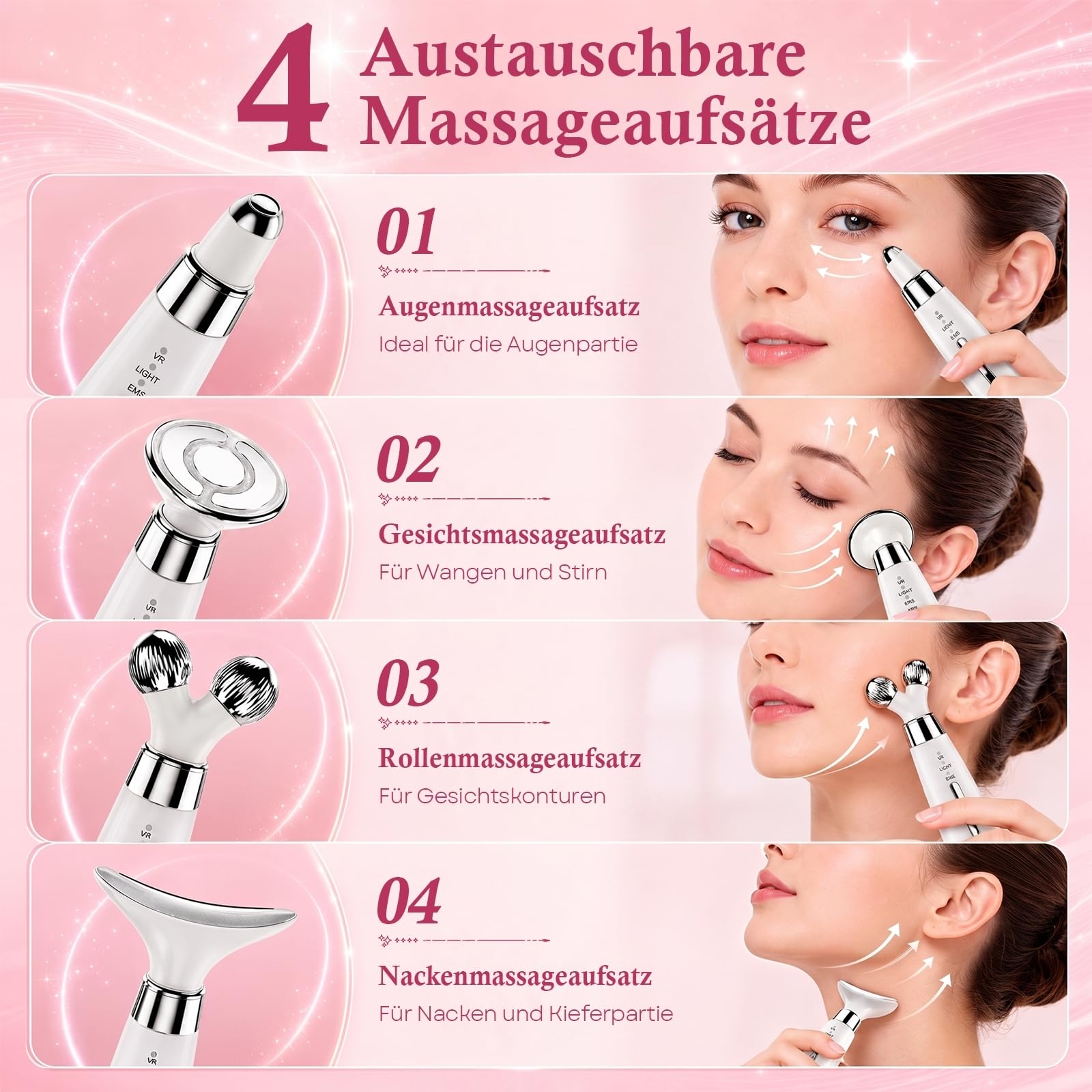 Gesichtsmassagegerät Gesicht Massagegerät Face Massager: 4-in-1 EMS Gerät Gesicht mit 4 Massageköpfen - Massagegerät Gesicht mit Wärmefunktion LED Licht & Vibrationsmassage für Gesicht & Hals Gerät