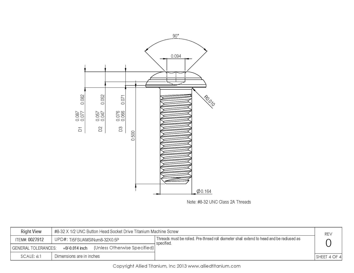 0027912, (Pack of 10) #8-32 X 1/2 UNC Button Head Socket Drive Machine Screw, Grade 5 (Ti-6Al-4V)