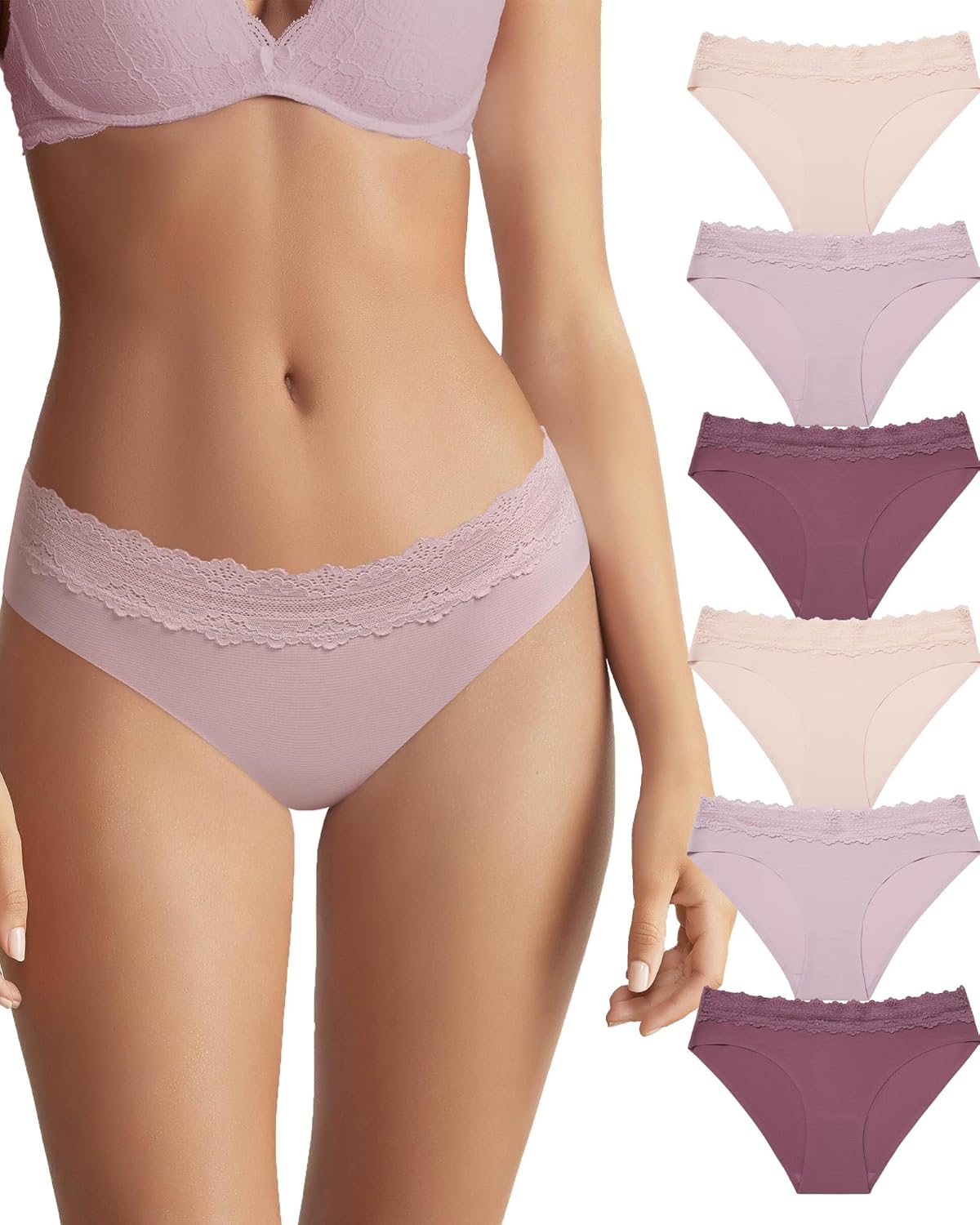 Aijolen Seamless Underwear for Women No Show Bikini Panties Lace Cheeky Hipster 6 Pack S-XL