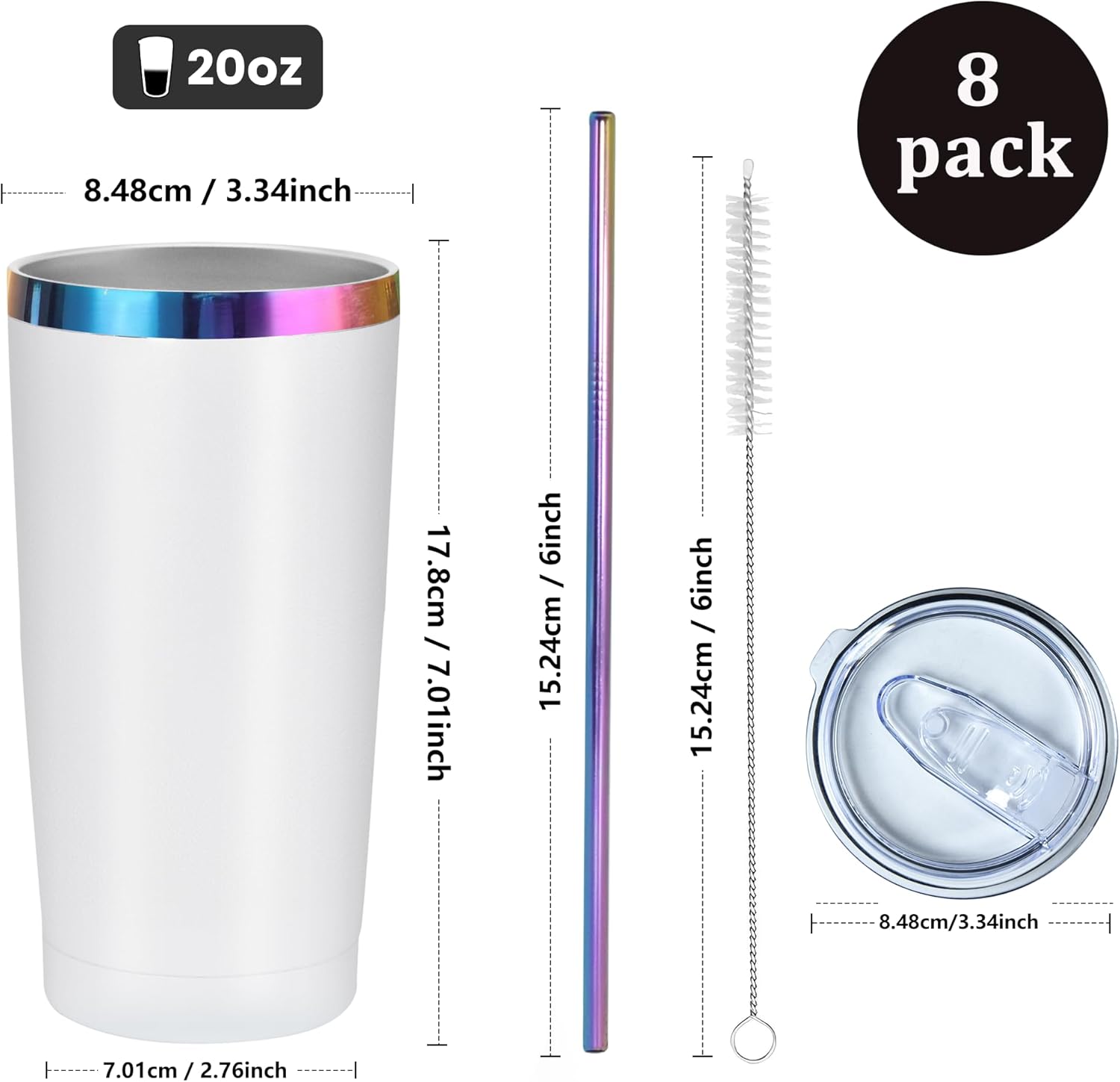 8pack 20oz Tumbler with Lid And Straw,Stainless Steel Vacuum Insulated Mug,Double Wall Durable Powder Coated Coffee Cup for Cold & Hot Drinks,Insulation Travel Tumblers Cups