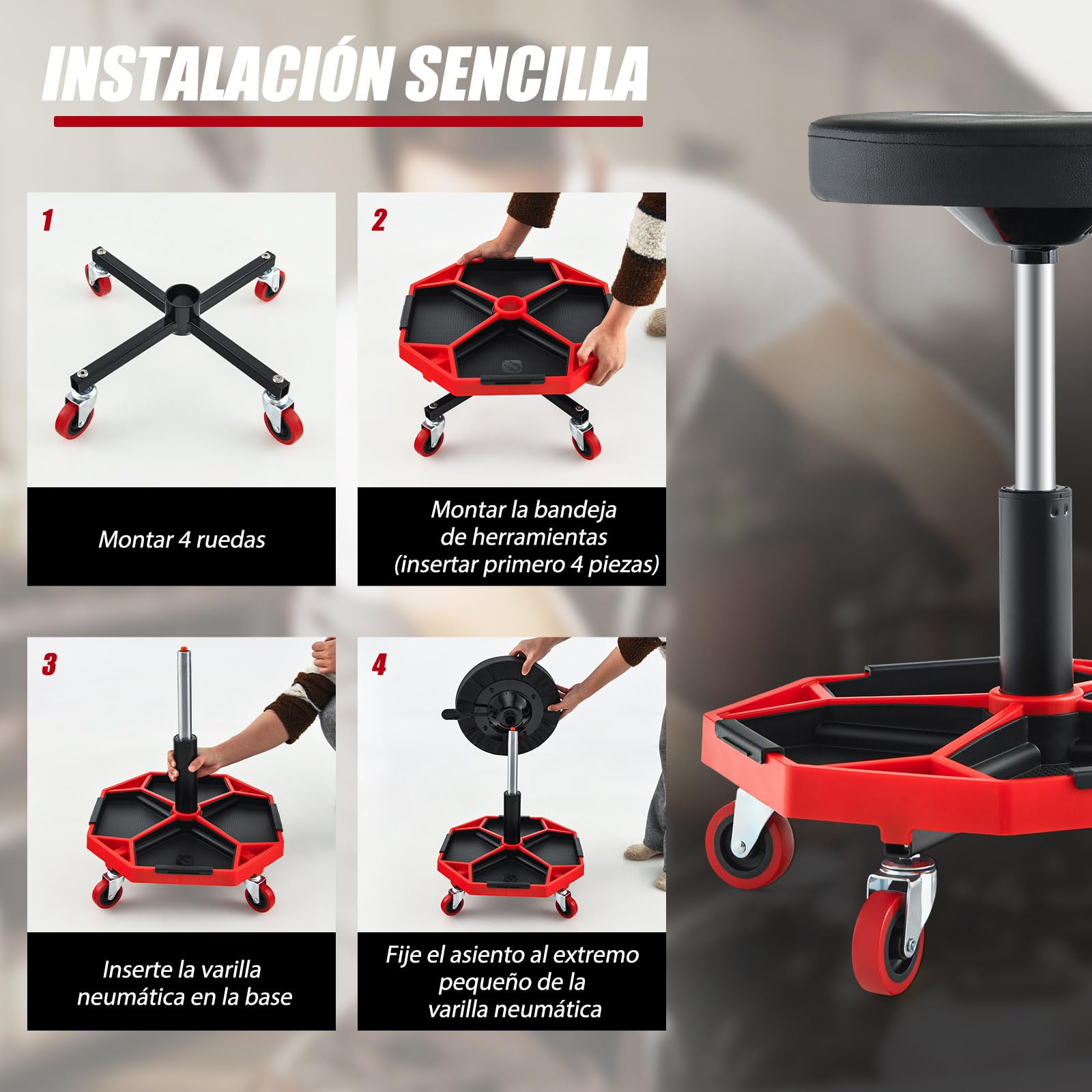 SOARS Taburete de Montaje Móvil, Taburete de Taller Regulable en Altura de 41 a 55 cm, Taburete Neumático Mecánico con Ruedas y Bandeja magnética extraíble para Herramientas, Carga 150 kg