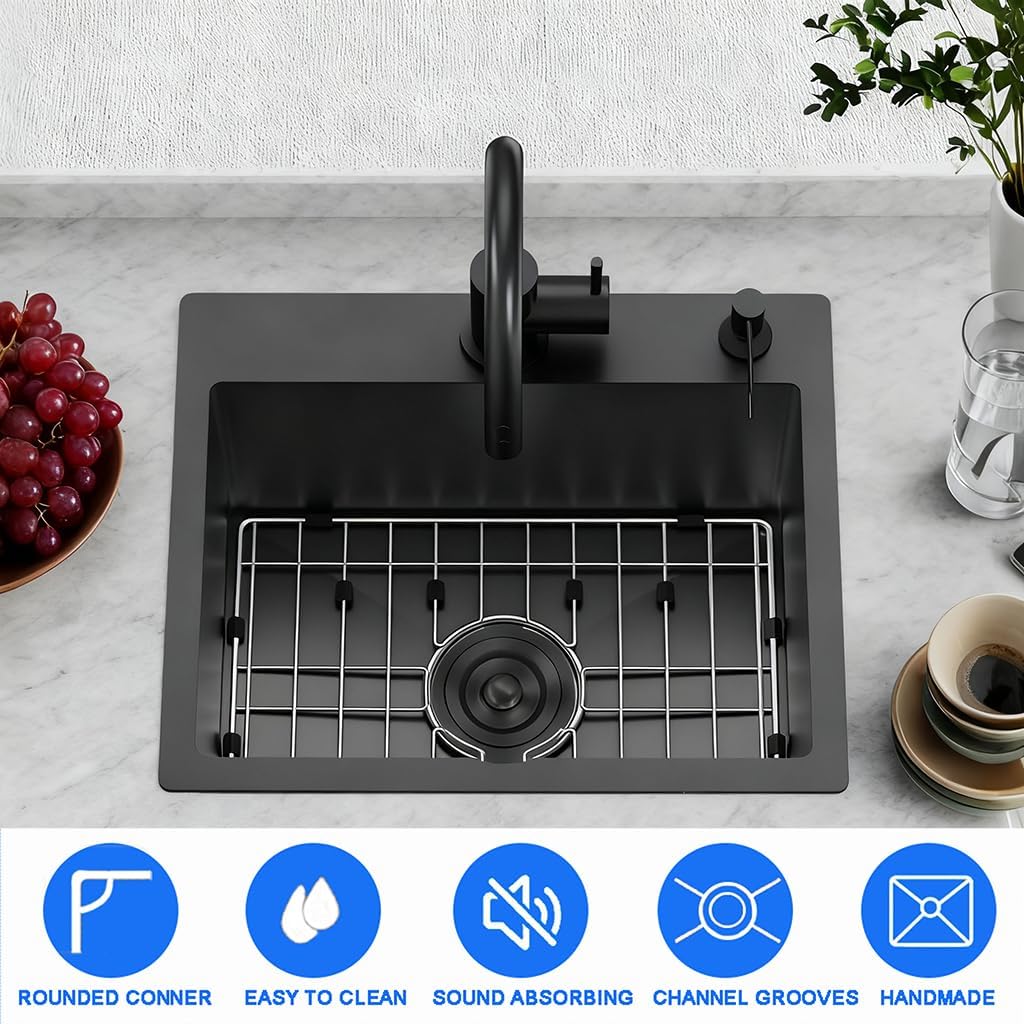 18 x 19 Inch Modern Drop In Kitchen Bar Sink, 304 Stainless Steel Black Single Bowl Topmount Sink, Nano Laundry RV Deep Workstation Sinks with Drain Strainer & Grid