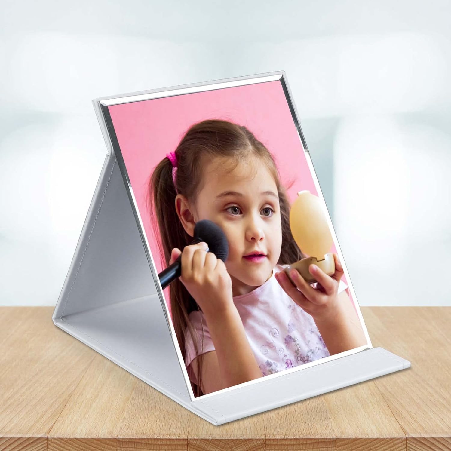 Krivety Portable Folding Vanity Round Compact Makeup Mirror with Stand for Desk Table, Slim PU Leather Folding Princess Makeup Tabletop Camping Travel Cosmetic Mirror with Standing (White)-picture-18