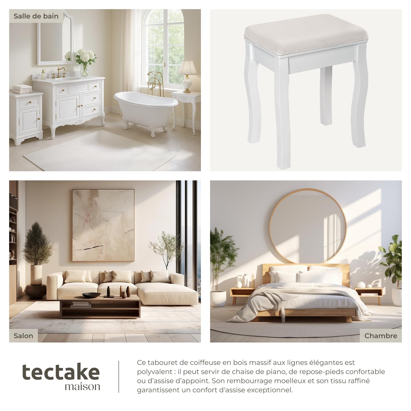 tectake® Tabouret Coiffeuse 40 x 30 x 51 cm, Chaise avec Coussin pour Coiffeuse Table de Maquillage Table manucure, Tabouret Piano Chaise Maquillage Pouf Banc Piano Décoration Chambre Salon, Blanc