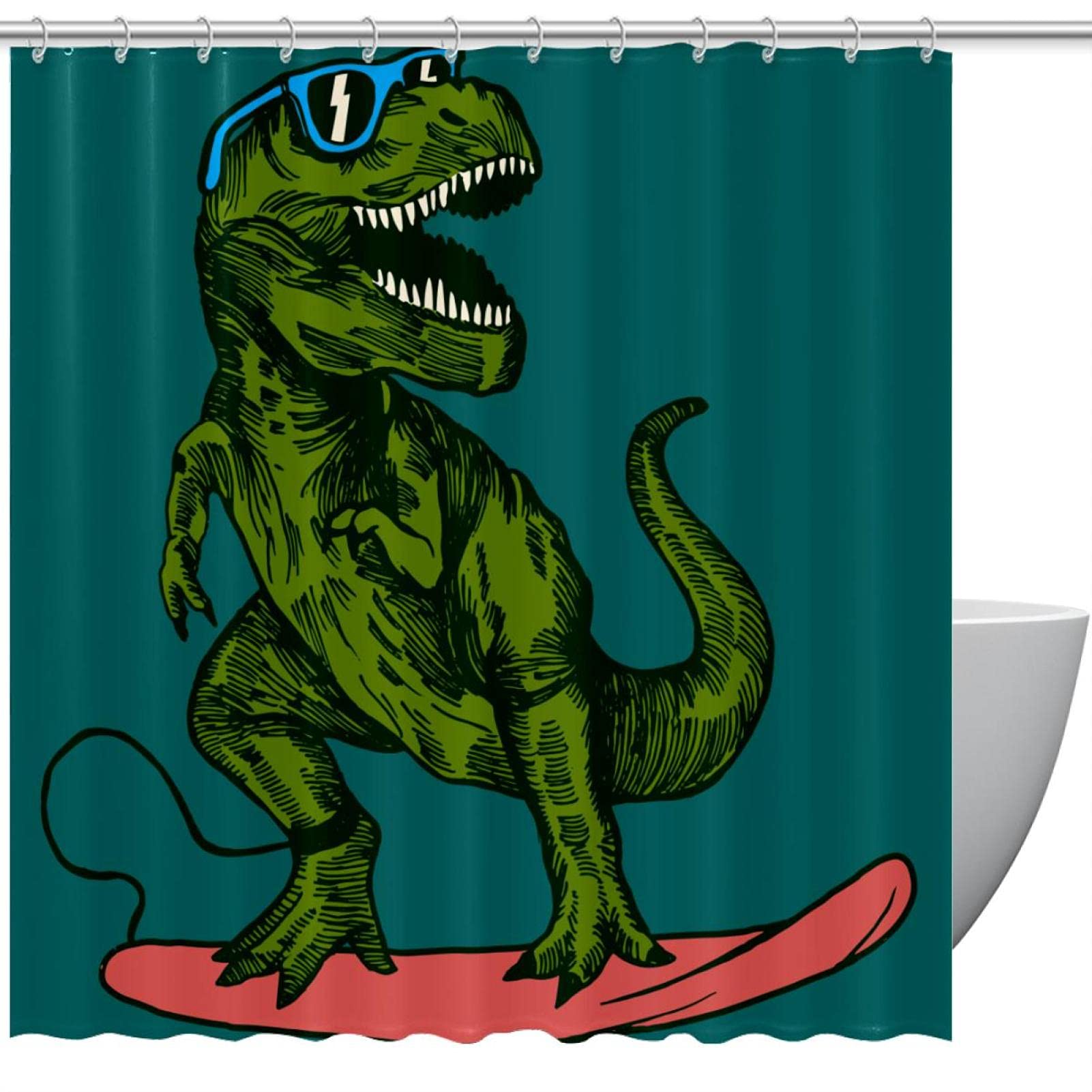 Rideau de douche dinosaure vert imperméable 168x183 cm avec 12 crochets pour salle de bain