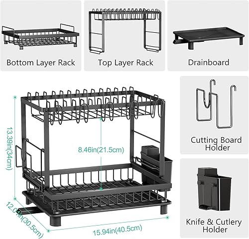 Miniatura 6 de Escurridor de platos, multifuncional, escurridor de platos de cocina a prueba de óxido con escurridor, escurridor de platos de 2 niveles que ahorra