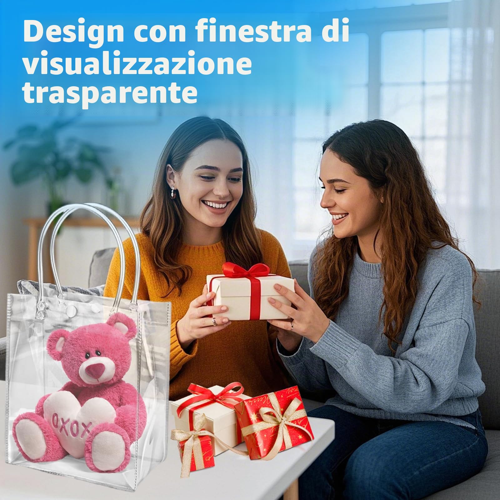 Sacchetti Regalo Trasparenti con Maniglie 25 Pezzi Borse Riutilizzabili in PVC - Buste Avvolgenti per Shopping - Chicche Bottega Nozze Compleanno Doccia del Bambino - 23x17x7cm