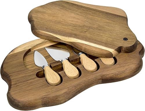 Miniatura 8 de Tabla de quesos de madera de acacia de 2 niveles, tablas de embutidos con juego de cuchillos, bandeja de madera para servir con queso, juego de