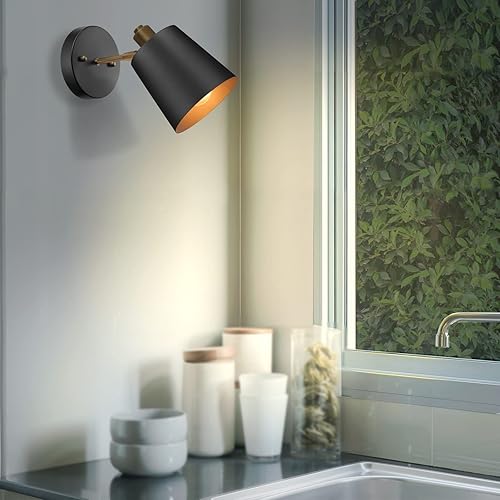 Miniatura 6 de Juego de 2 apliques de pared vintage negros, luces de pared industriales con cabezal de latón ajustable, lámparas de pared para interiores, lámparas