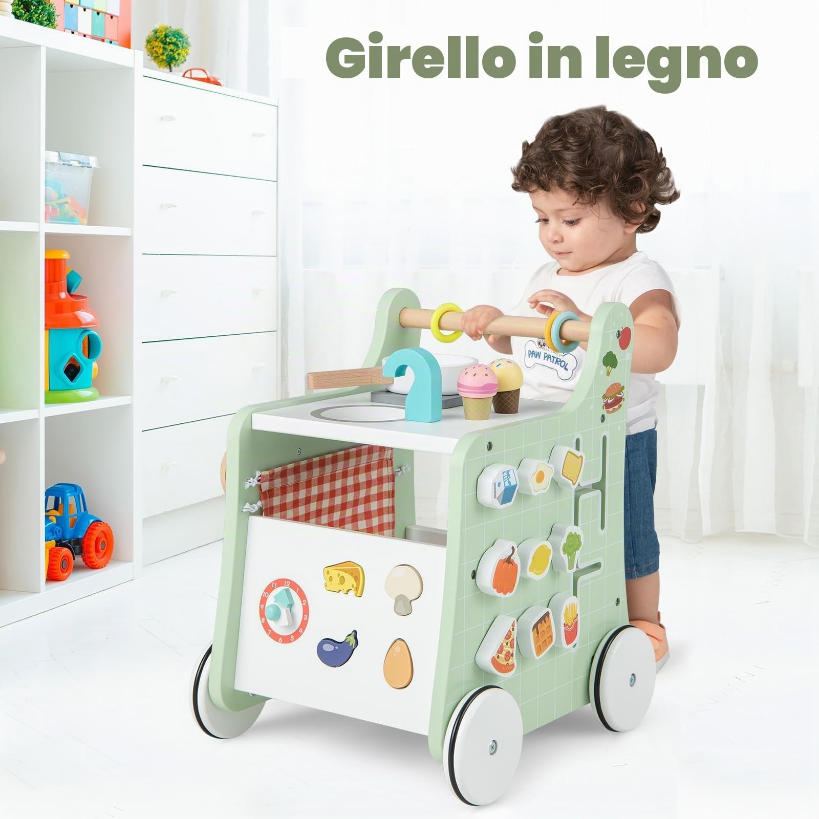 FANTASK Passeggino 6 in 1 in legno, con cucine da gioco, orologio educativo, regolazione della forma e cursore mobile, cucina per bambini Baby Walker con ruote per bambini a partire da 1 anno (verde)