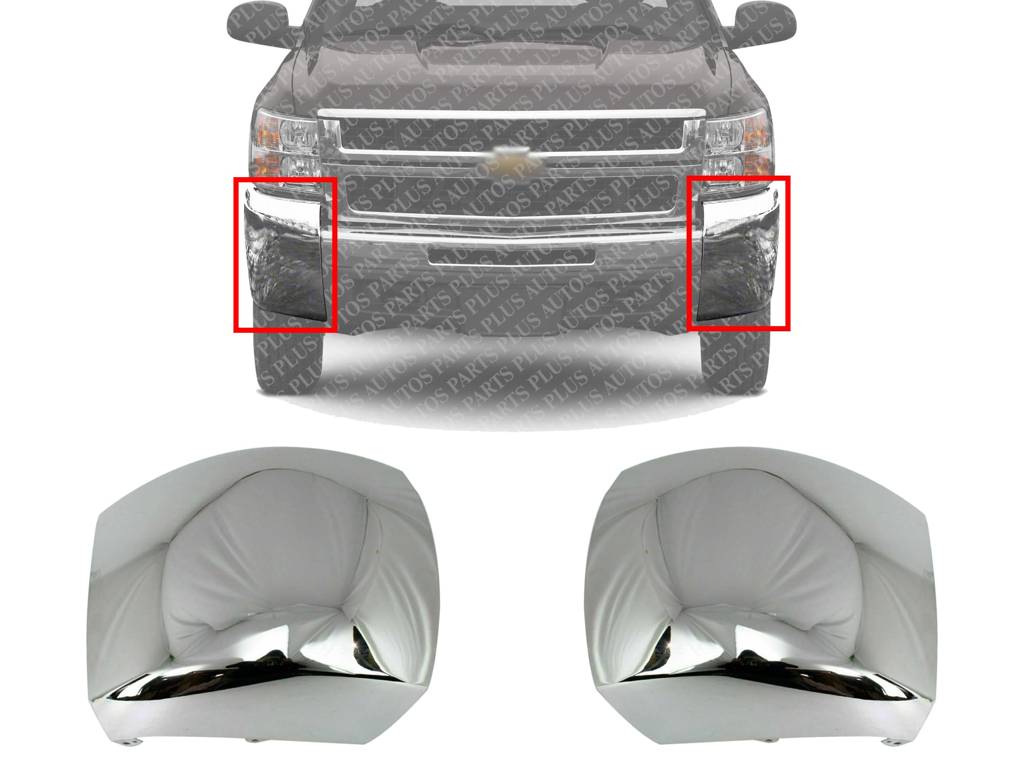 AUTOS PARTS PLUS Set Of 2 Front Bumper End Caps Chrome Steel Left Driver & Right Passenger Side Direct Replacement Compatible With 2007-2012 Chevrolet