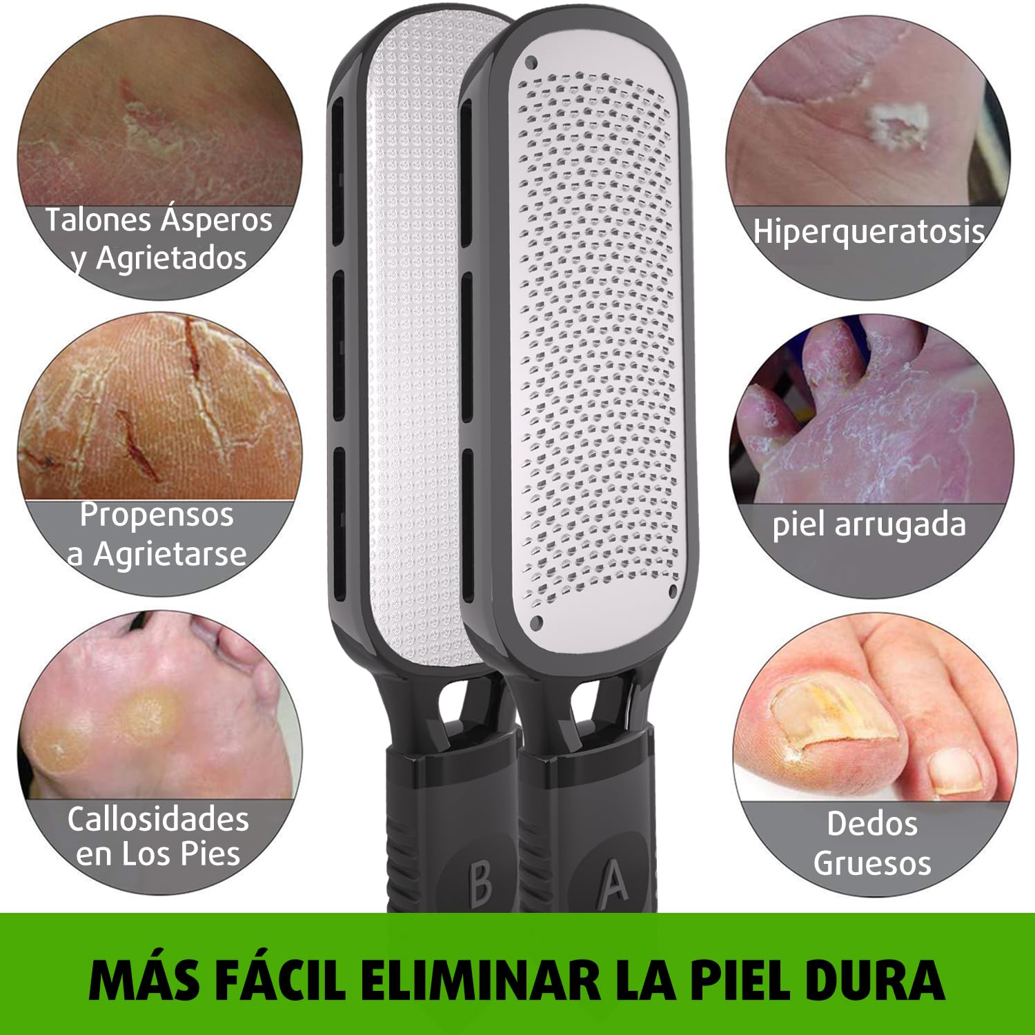 Antonki Lima Pies Durezas Profesional - Raspador Doble Textura para Eliminar Callos y Talones Agrietados, Acero Inoxidable Antideslizante con Mango Ergonómico - Pedicura Manual en Casa