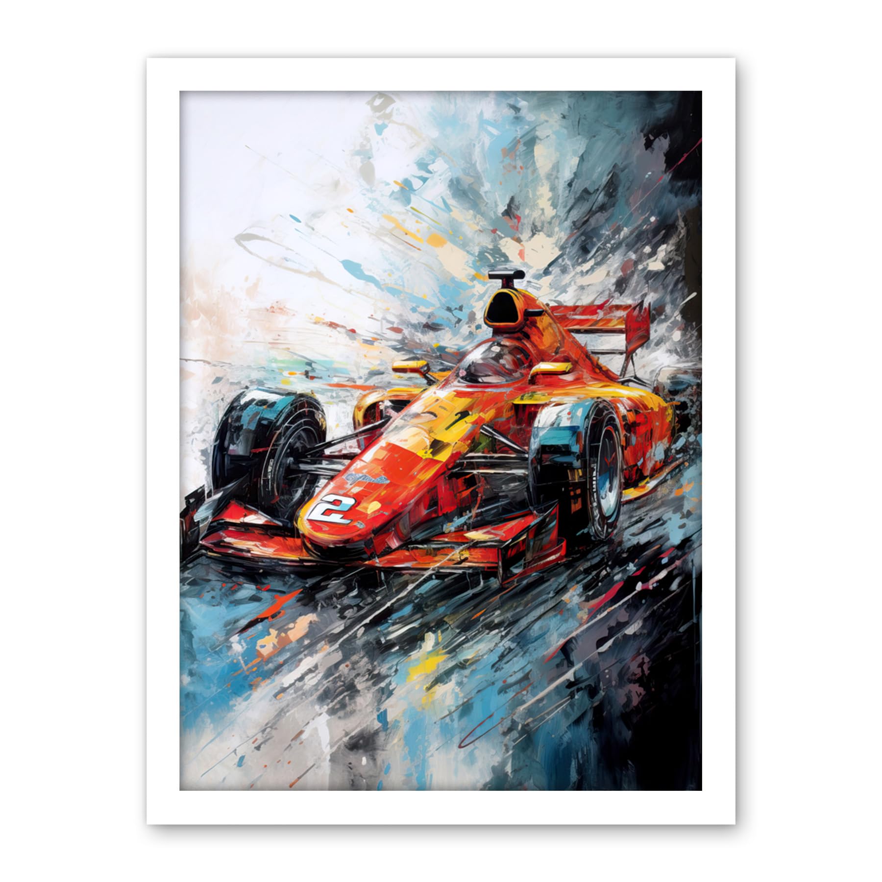 Artery8 Orange Race Car Grand Prix Action Shot Painting Artwork Framed Wall Art Print 18X24 Inch